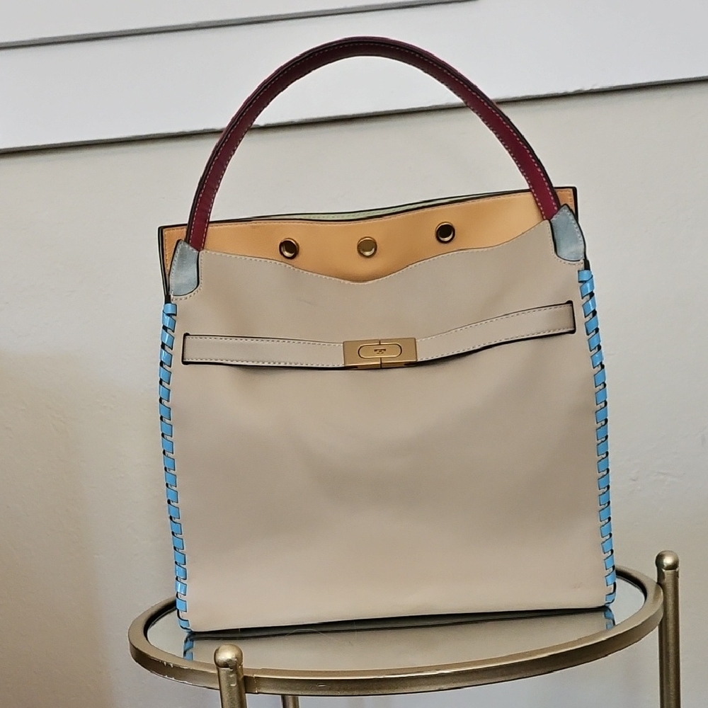 Tory Burch Lee Radziwill double bag whipstitch blue stitches Large